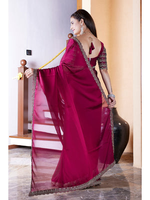 Peachmode Magenta Embroidered Border Rangoli Silk Saree - Image 2