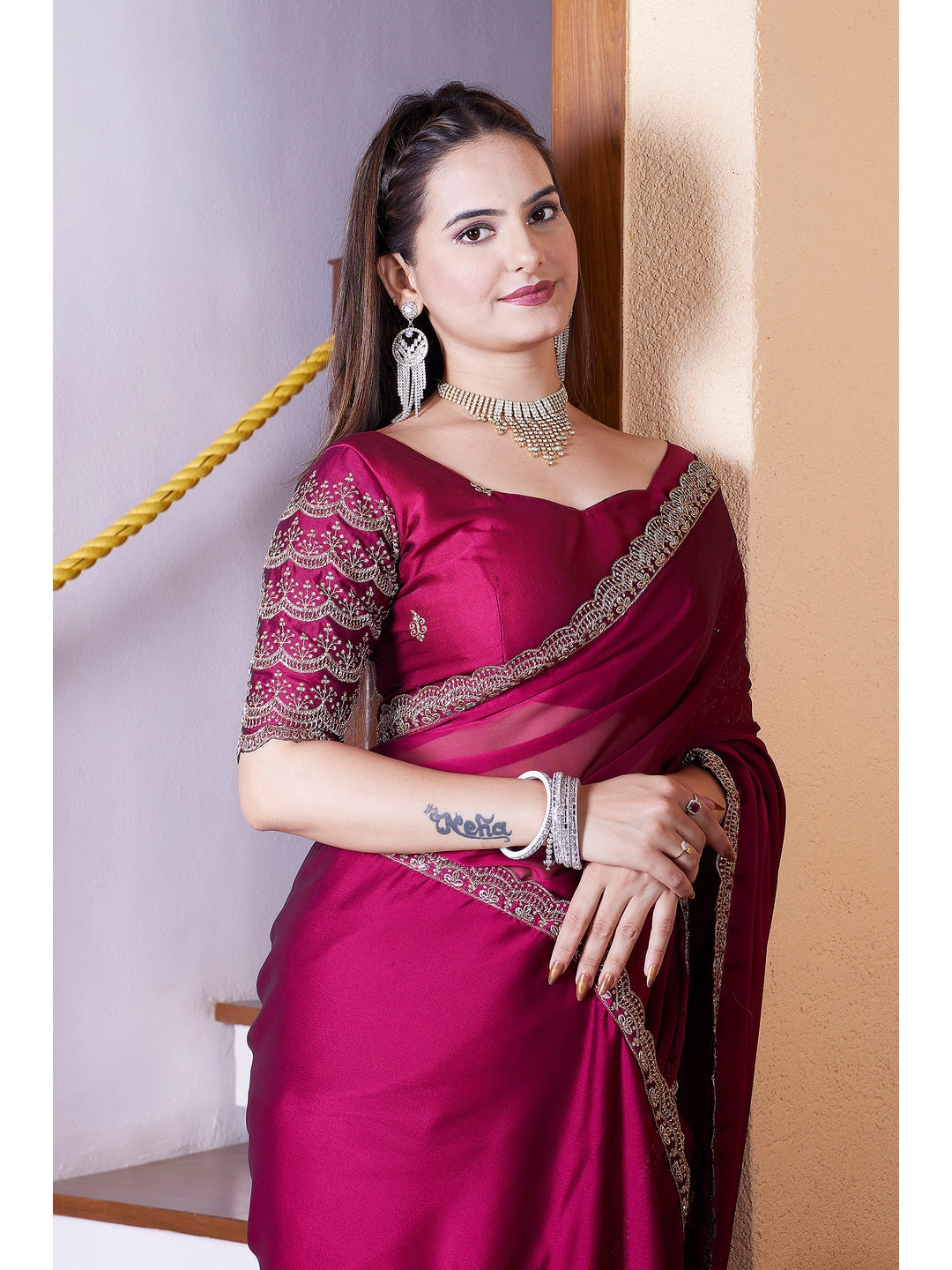 Peachmode Magenta Embroidered Border Rangoli Silk Saree - Image 3