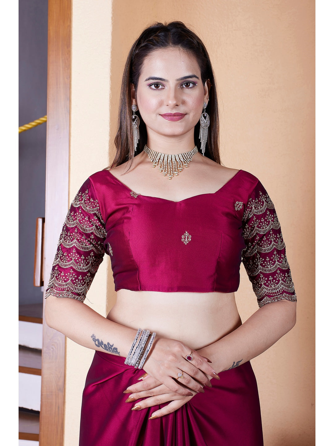 Peachmode Magenta Embroidered Border Rangoli Silk Saree - Image 4