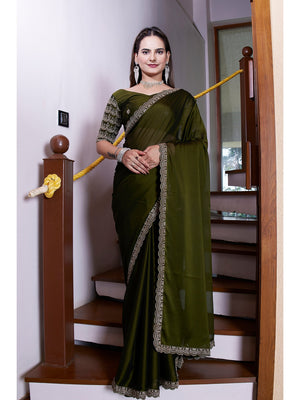 Peachmode Mehndi Embroidered Border Rangoli Silk Saree - Image 1
