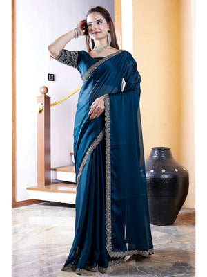 Peachmode Teal Embroidered Border Rangoli Silk Saree - Image 1