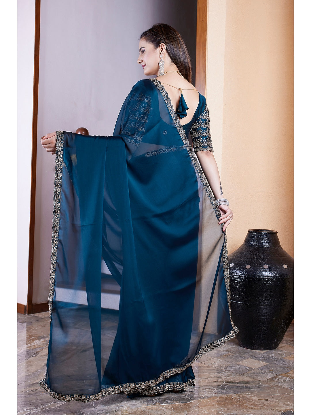 Peachmode Teal Embroidered Border Rangoli Silk Saree - Image 2