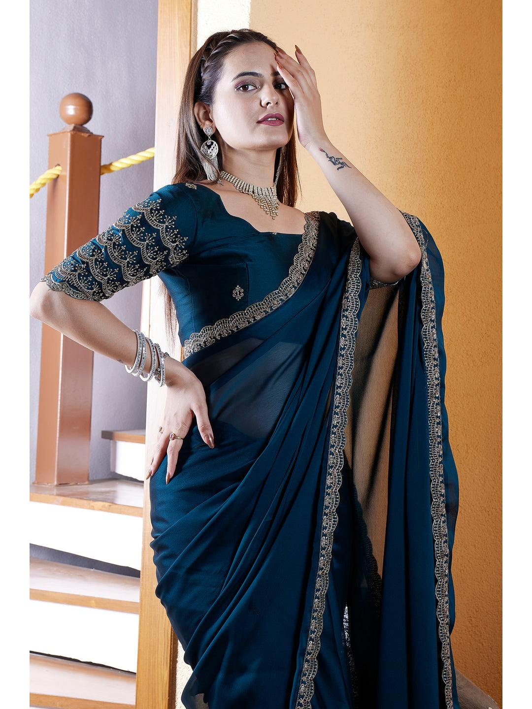 Peachmode Teal Embroidered Border Rangoli Silk Saree - Image 3