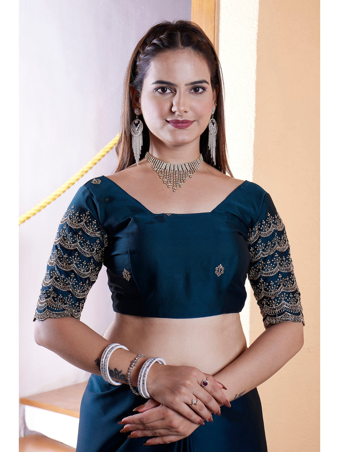 Peachmode Teal Embroidered Border Rangoli Silk Saree - Image 4