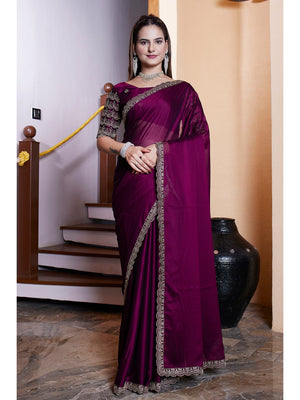 Peachmode Wine Embroidered Border Rangoli Silk Saree - Image 1