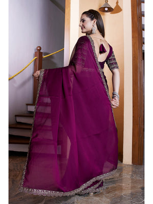 Peachmode Wine Embroidered Border Rangoli Silk Saree - Image 2