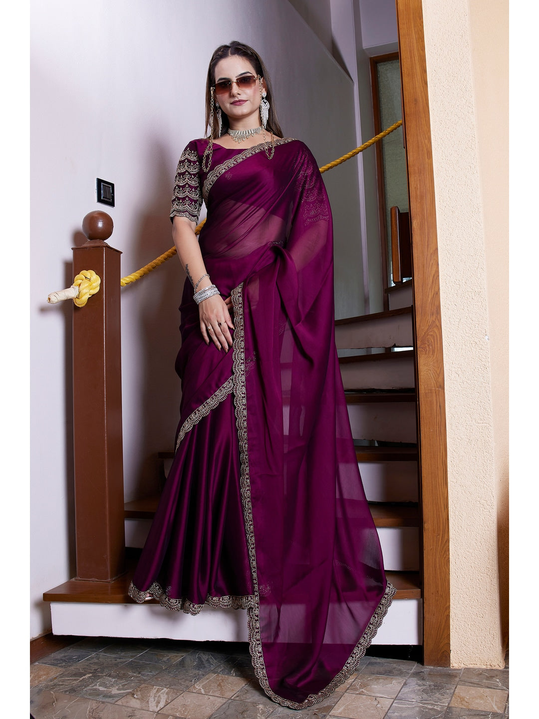 Peachmode Wine Embroidered Border Rangoli Silk Saree - Image 3