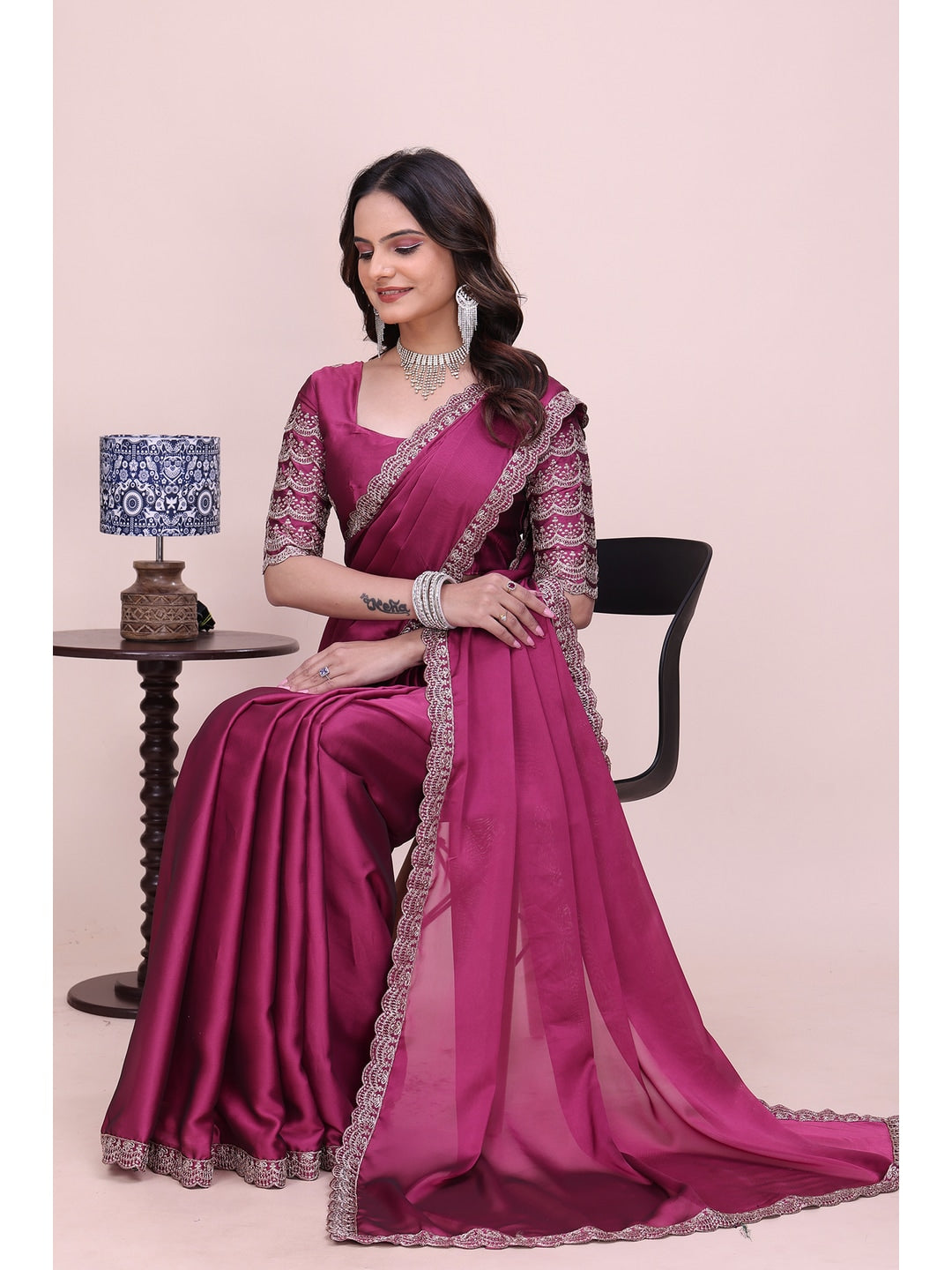 Peachmode Magenta Embroidered Border Rangoli Silk Saree - Image 4
