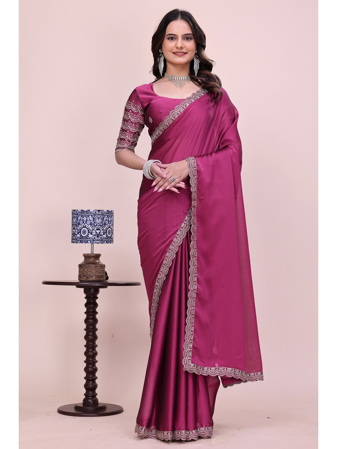 Peachmode Magenta Embroidered Border Rangoli Silk Saree - Image 1
