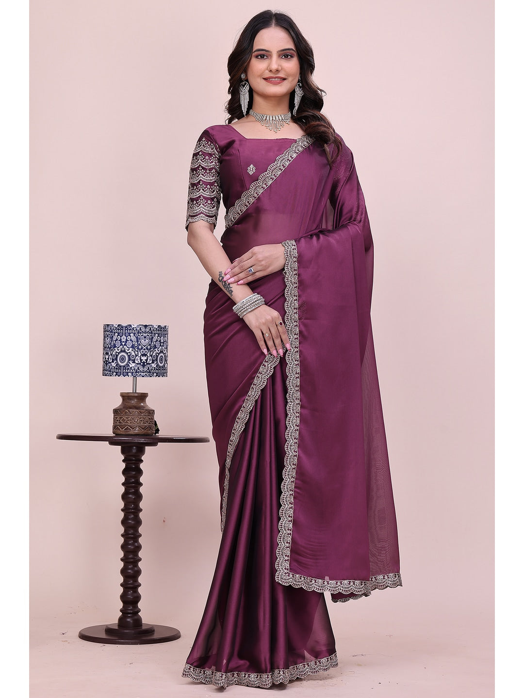 Peachmode Wine Embroidered Border Rangoli Silk Saree - Image 1
