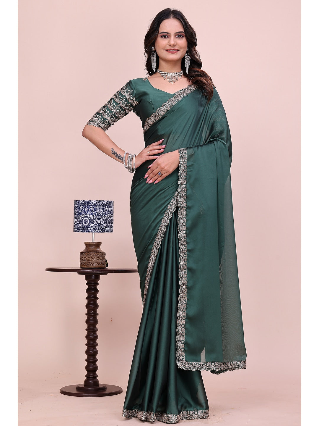 Peachmode Green Embroidered Border Rangoli Silk Saree - Image 1