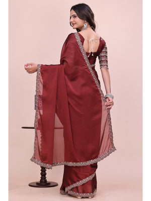 Peachmode Maroon Embroidered Border Rangoli Silk Saree - Image 2