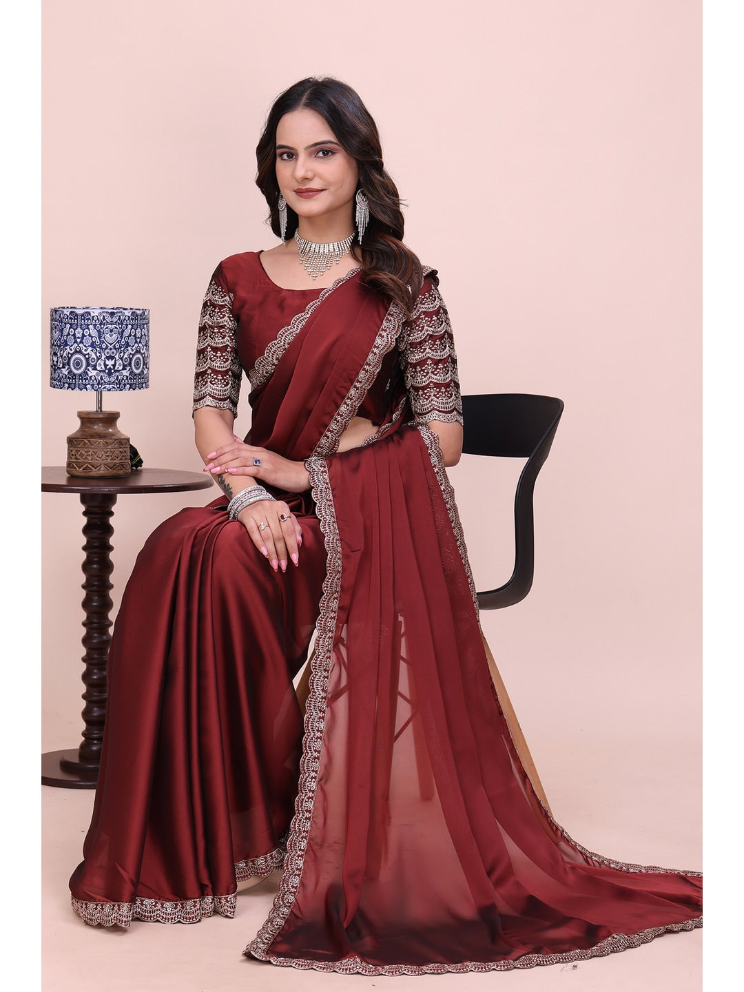 Peachmode Maroon Embroidered Border Rangoli Silk Saree - Image 4