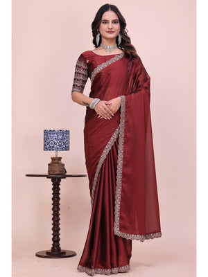 Peachmode Maroon Embroidered Border Rangoli Silk Saree - Image 1