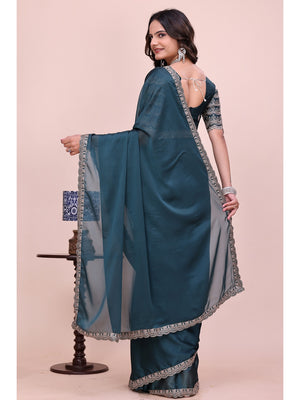 Peachmode Teal Embroidered Border Rangoli Silk Saree - Image 2