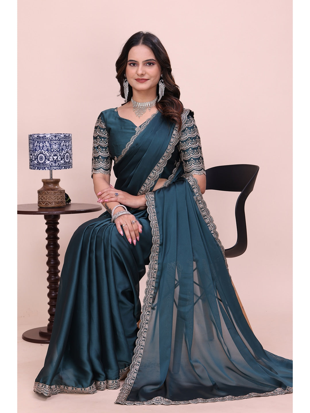 Peachmode Teal Embroidered Border Rangoli Silk Saree - Image 4
