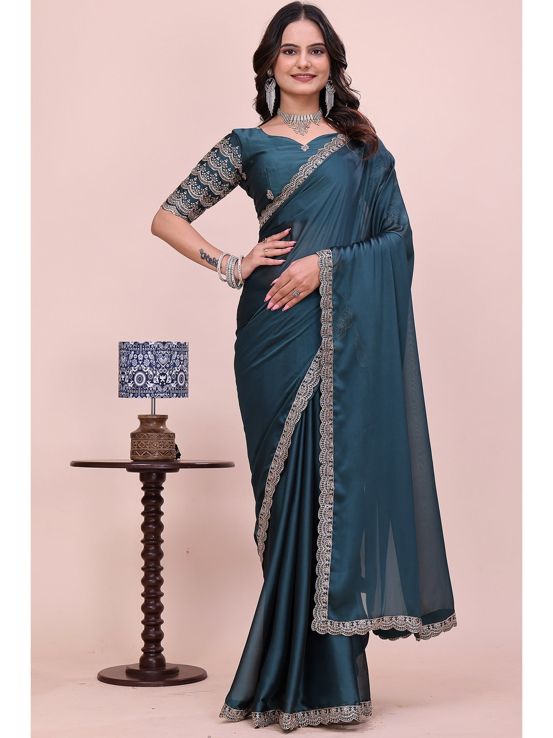 Peachmode Teal Embroidered Border Rangoli Silk Saree - Image 1
