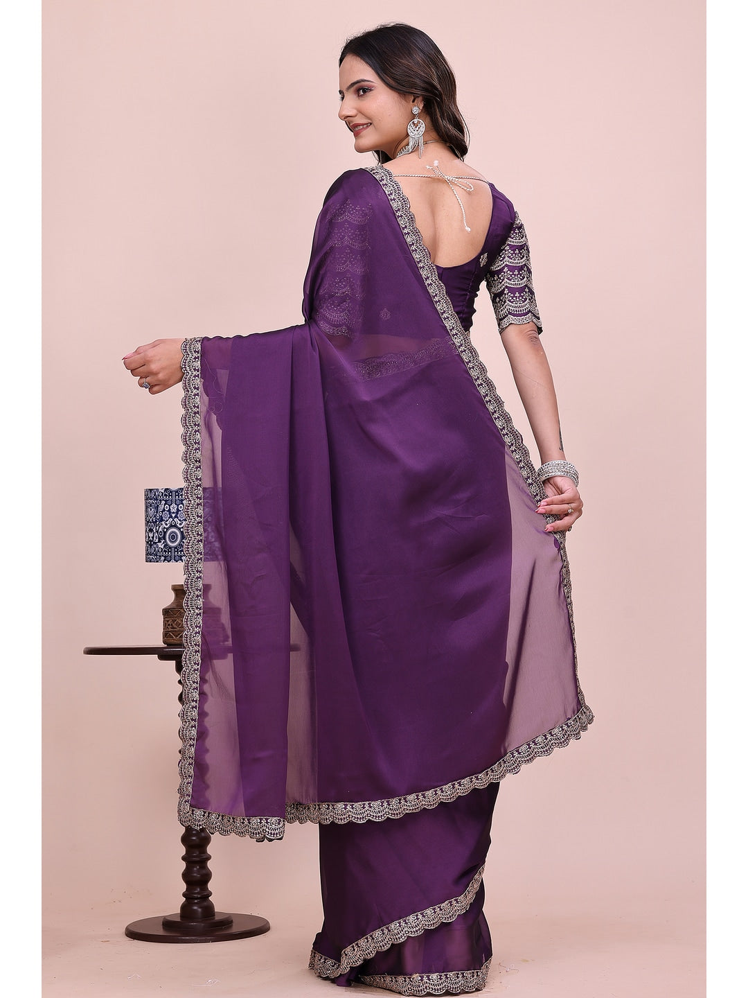 Peachmode Purple Embroidered Border Rangoli Silk Saree - Image 2