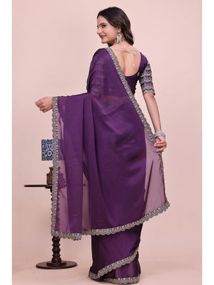 Peachmode Purple Embroidered Border Rangoli Silk Saree - Image 2
