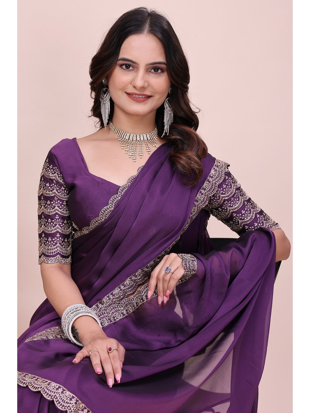 Peachmode Purple Embroidered Border Rangoli Silk Saree - Image 3