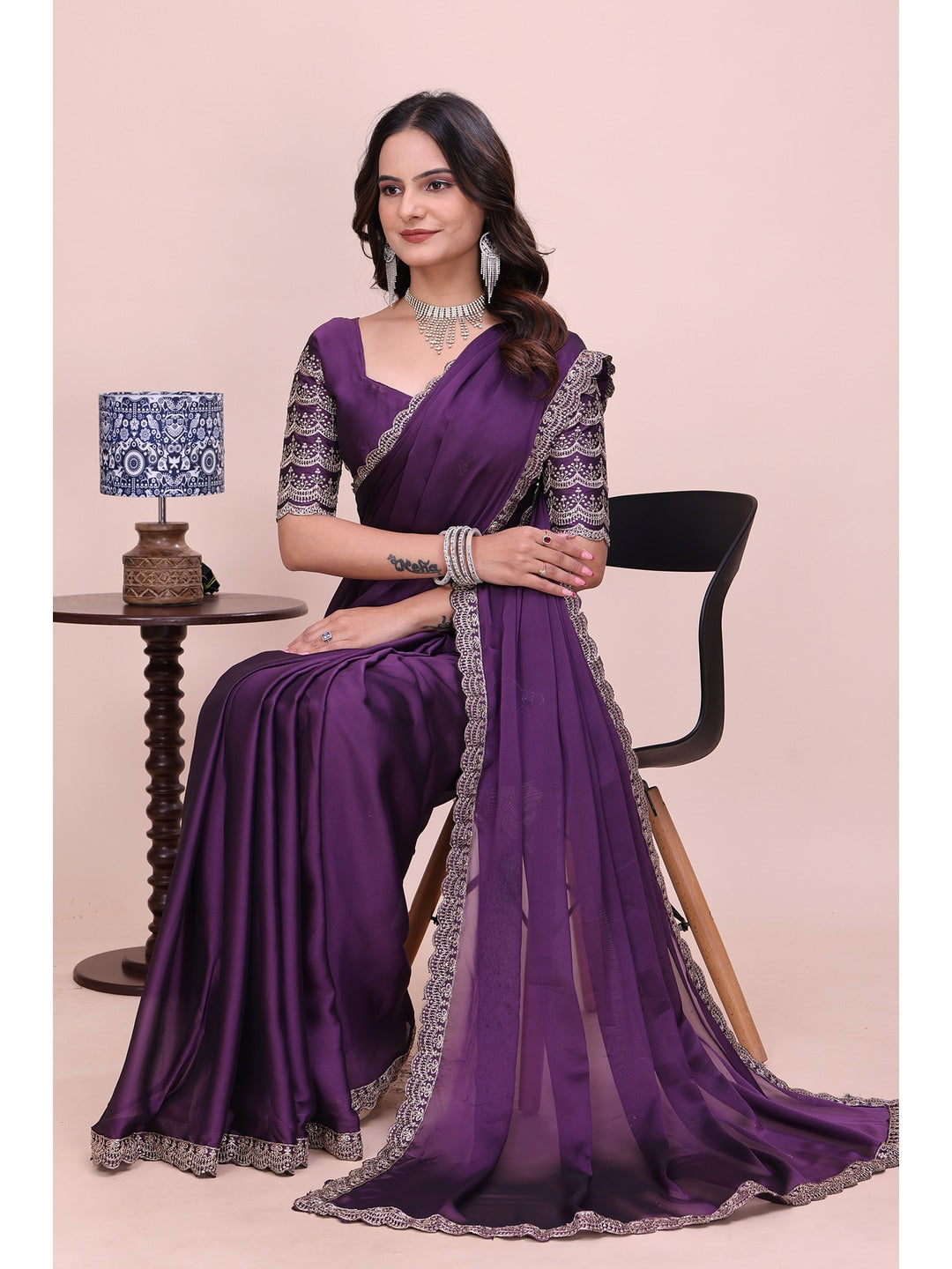 Peachmode Purple Embroidered Border Rangoli Silk Saree - Image 4