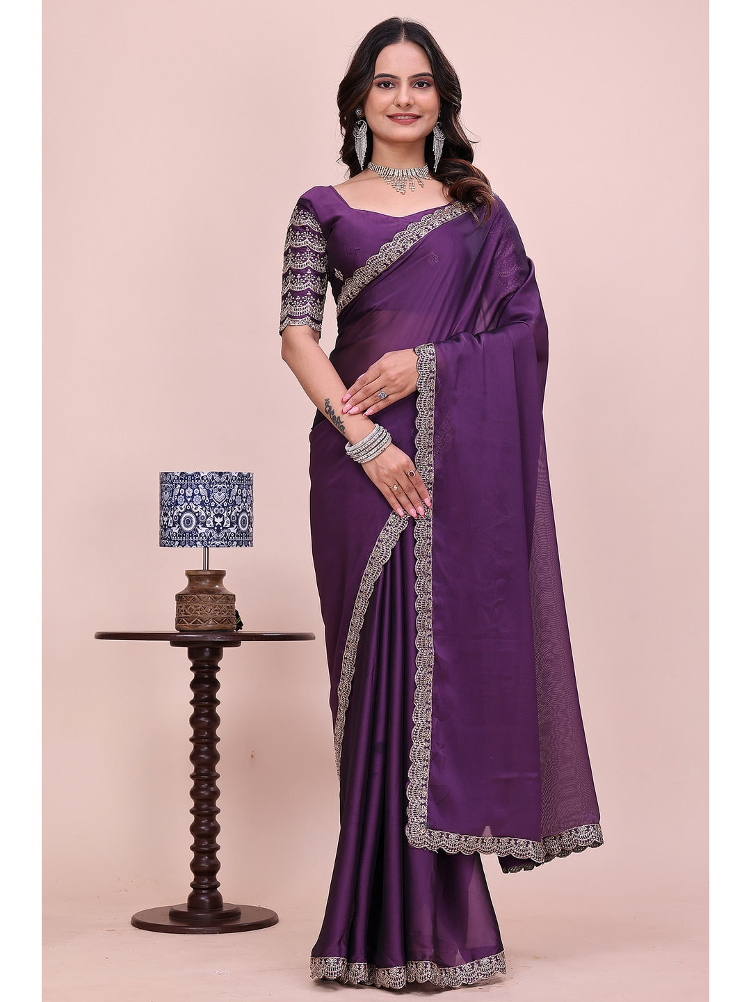 Peachmode Purple Embroidered Border Rangoli Silk Saree - Image 1