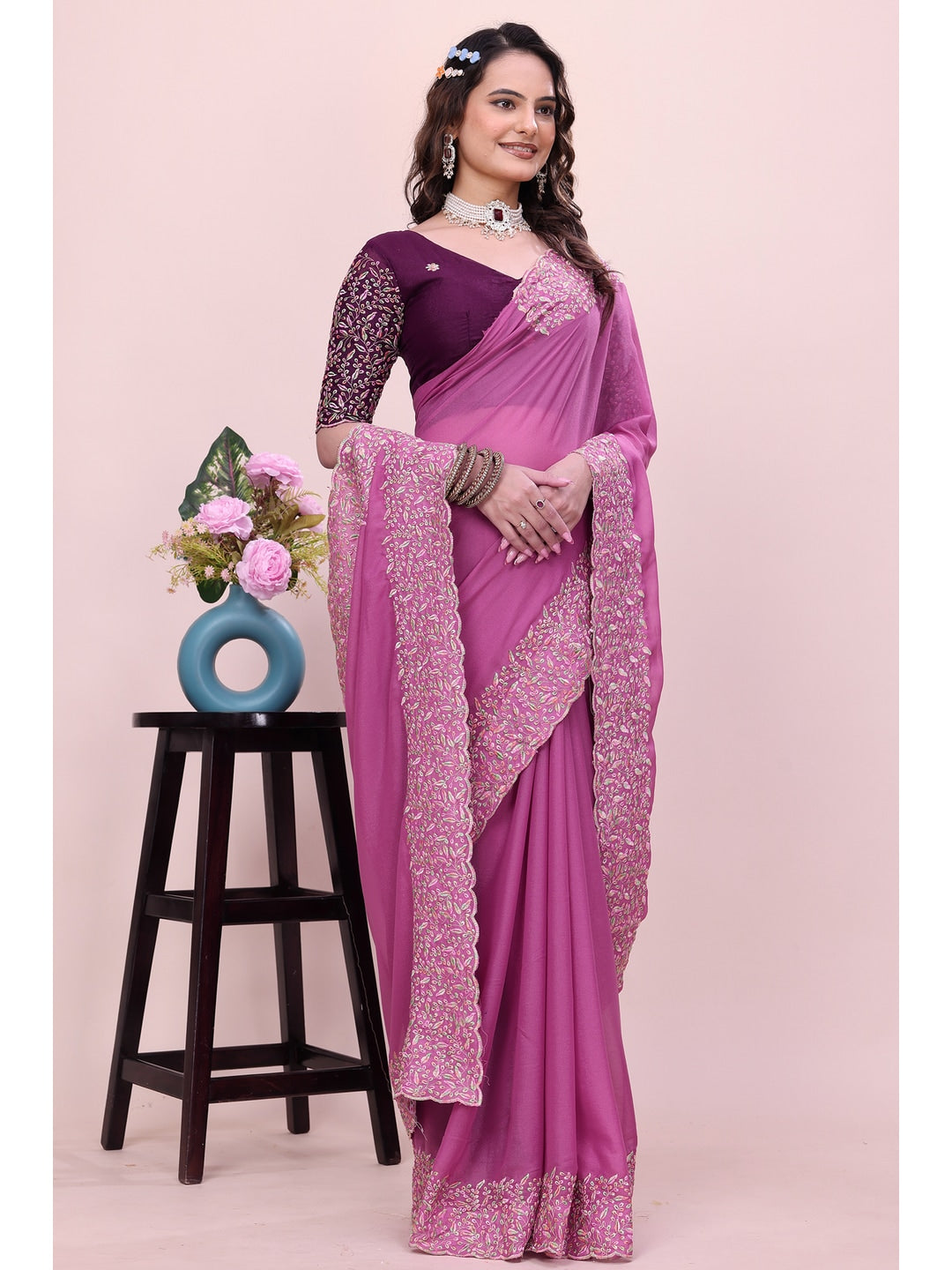 Peachmode Pink Thread Work Star Georgette Saree - Image 1