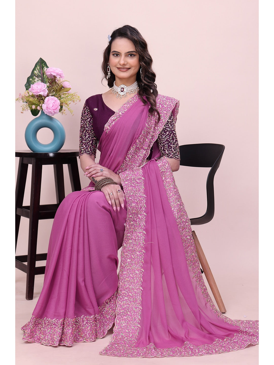 Peachmode Pink Thread Work Star Georgette Saree - Image 2