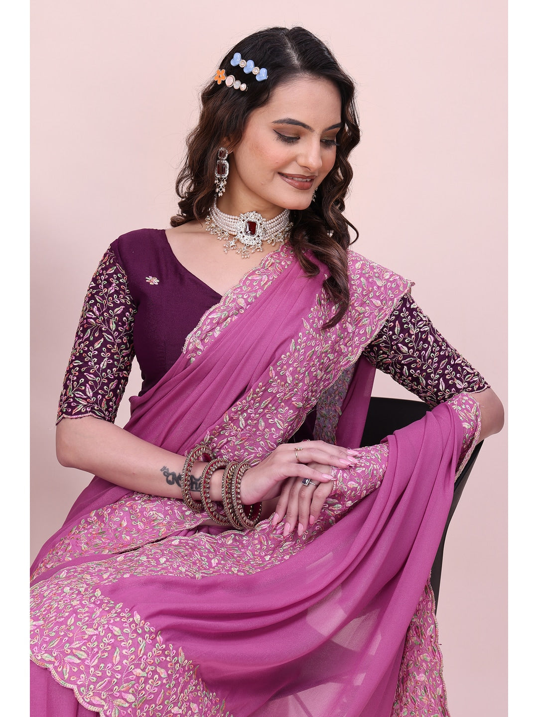 Peachmode Pink Thread Work Star Georgette Saree - Image 3