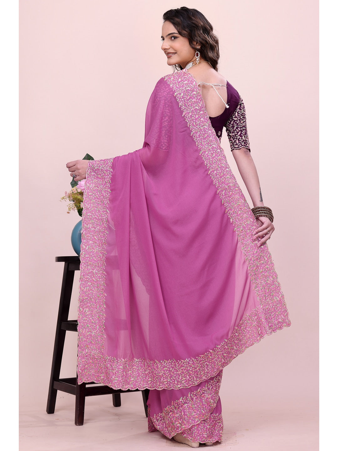 Peachmode Pink Thread Work Star Georgette Saree - Image 4