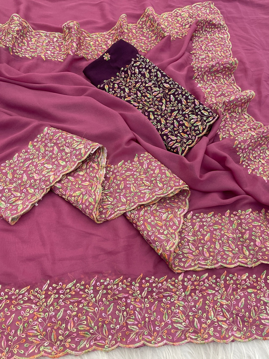 Peachmode Pink Thread Work Star Georgette Saree - Image 5