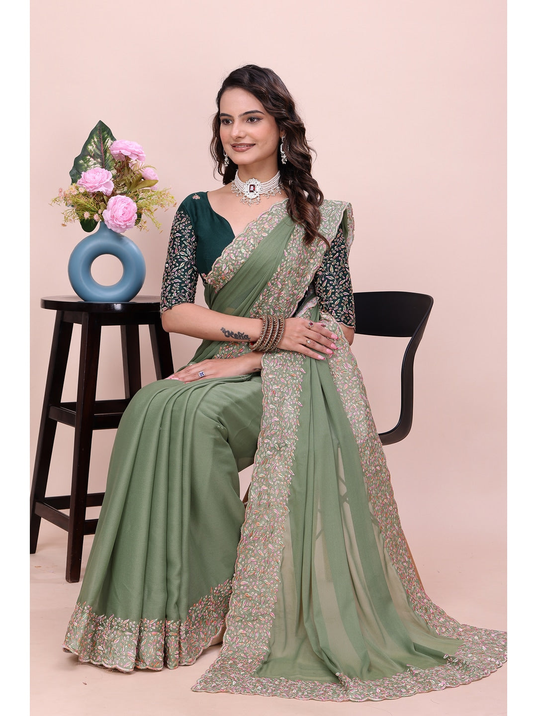 Peachmode Green Thread Work Star Georgette Saree - Image 2