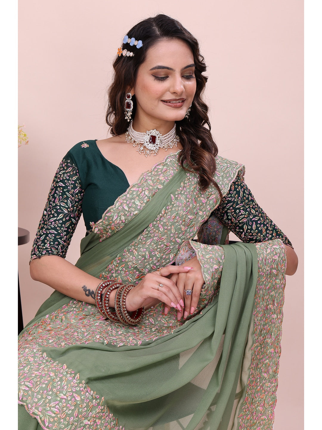 Peachmode Green Thread Work Star Georgette Saree - Image 3