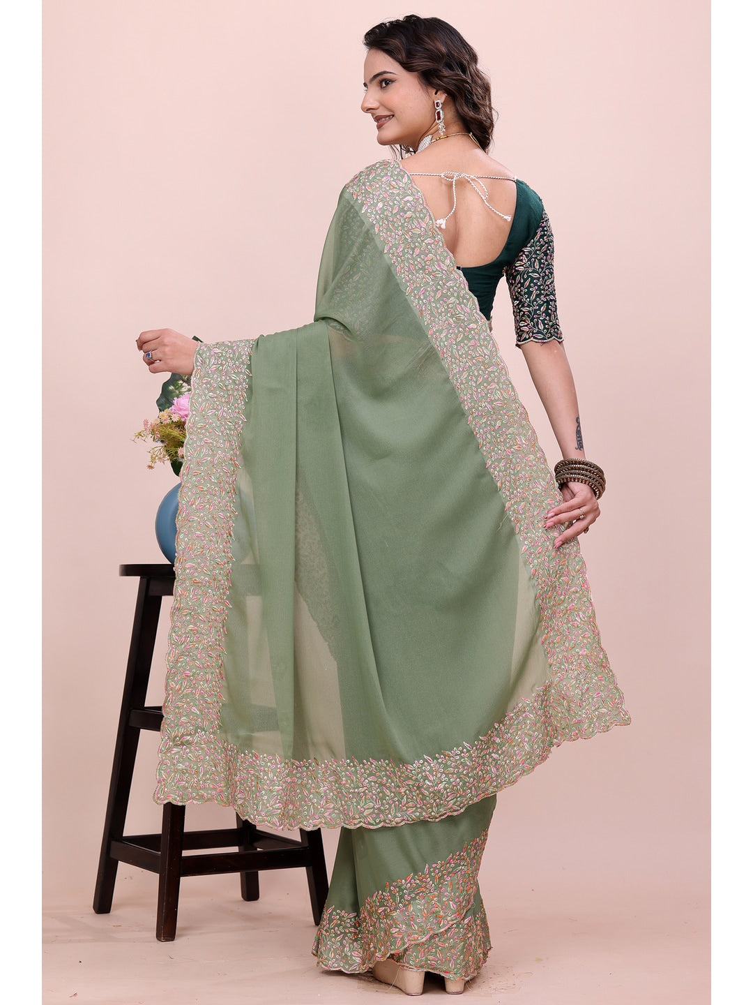 Peachmode Green Thread Work Star Georgette Saree - Image 4