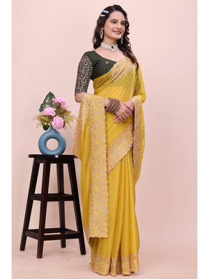Peachmode Yellow Thread Work Star Georgette Saree - Image 1