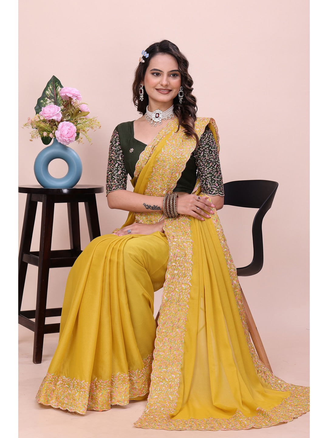 Peachmode Yellow Thread Work Star Georgette Saree - Image 2