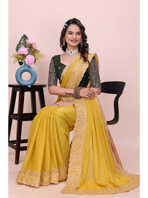 Peachmode Yellow Thread Work Star Georgette Saree - Image 2