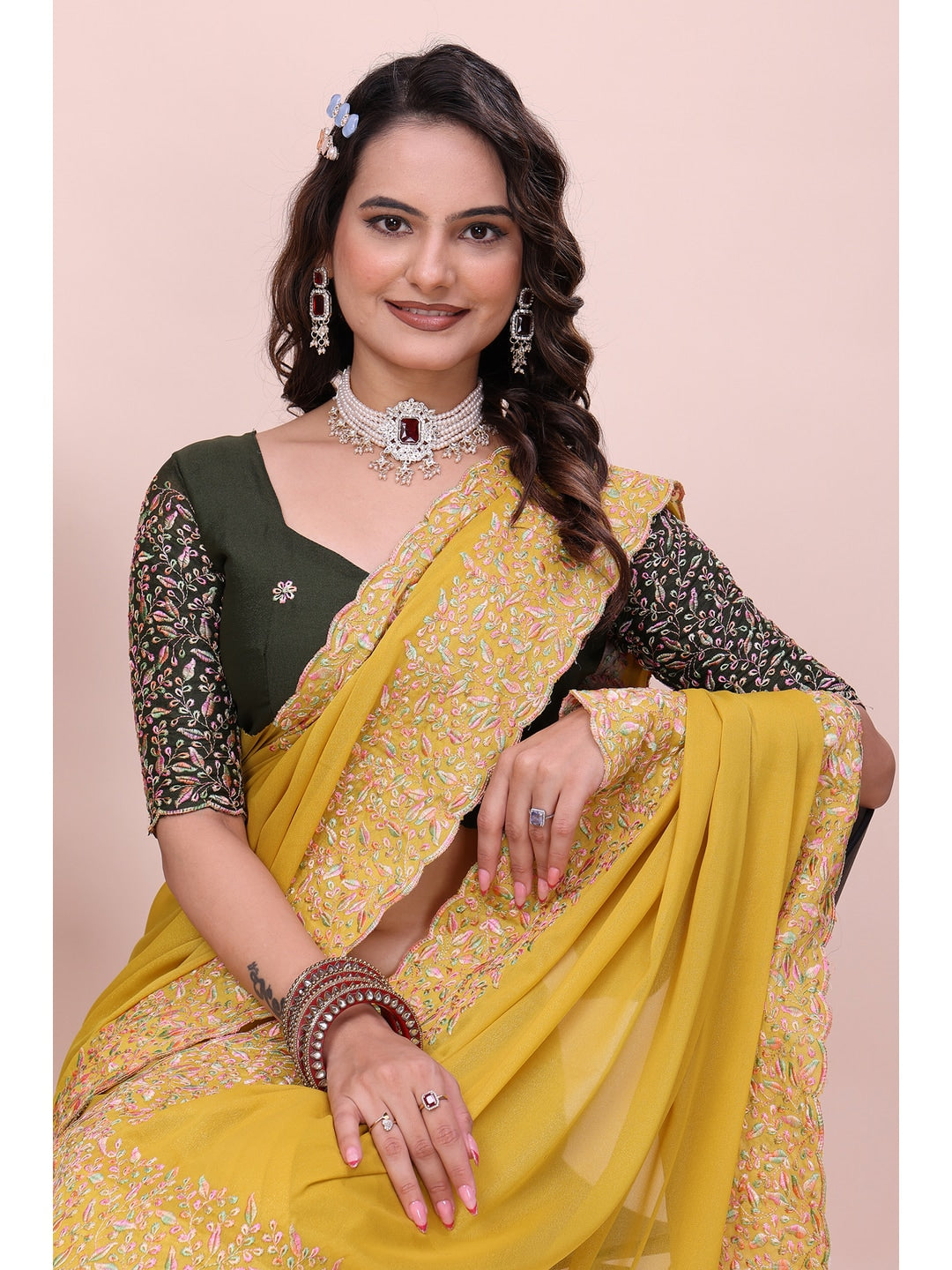 Peachmode Yellow Thread Work Star Georgette Saree - Image 3