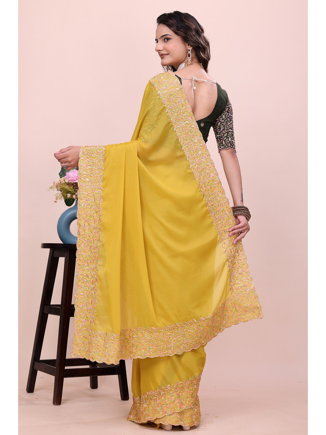 Peachmode Yellow Thread Work Star Georgette Saree - Image 4