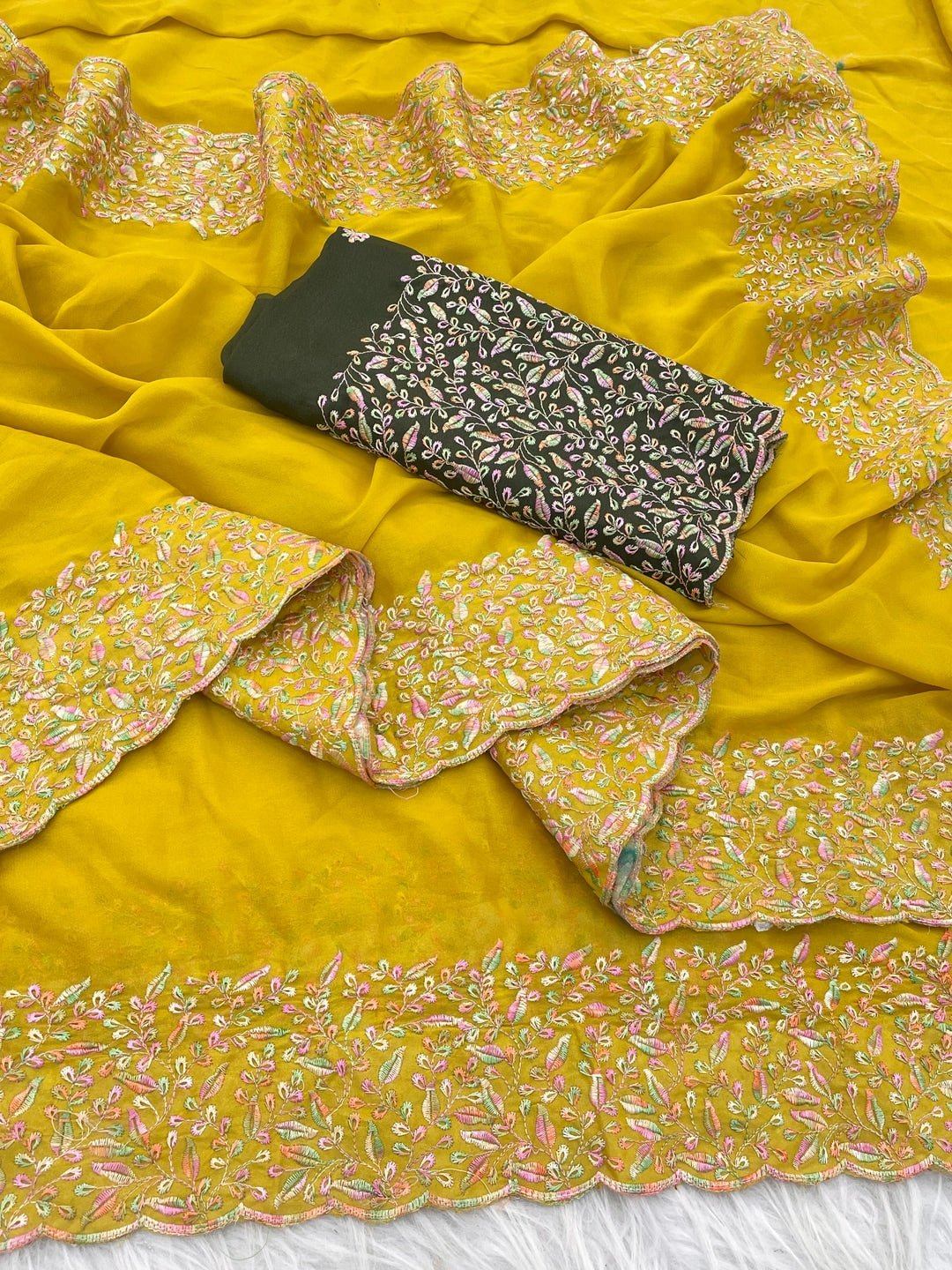 Peachmode Yellow Thread Work Star Georgette Saree - Image 5