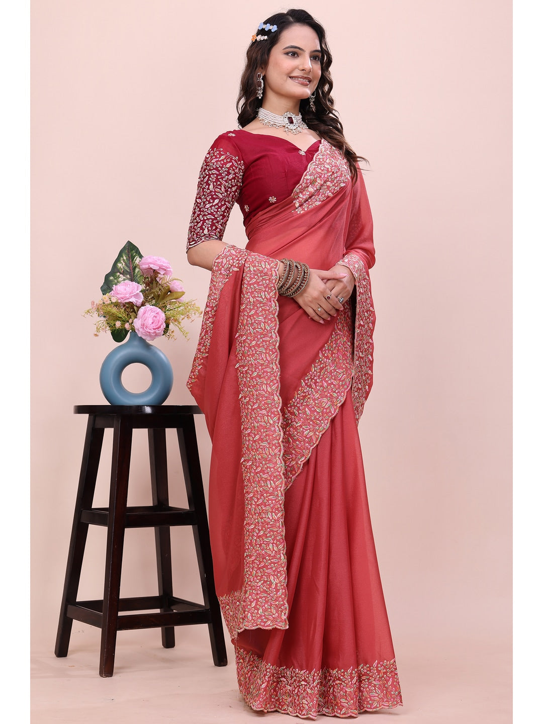 Peachmode Coral Thread Work Star Georgette Saree - Image 1