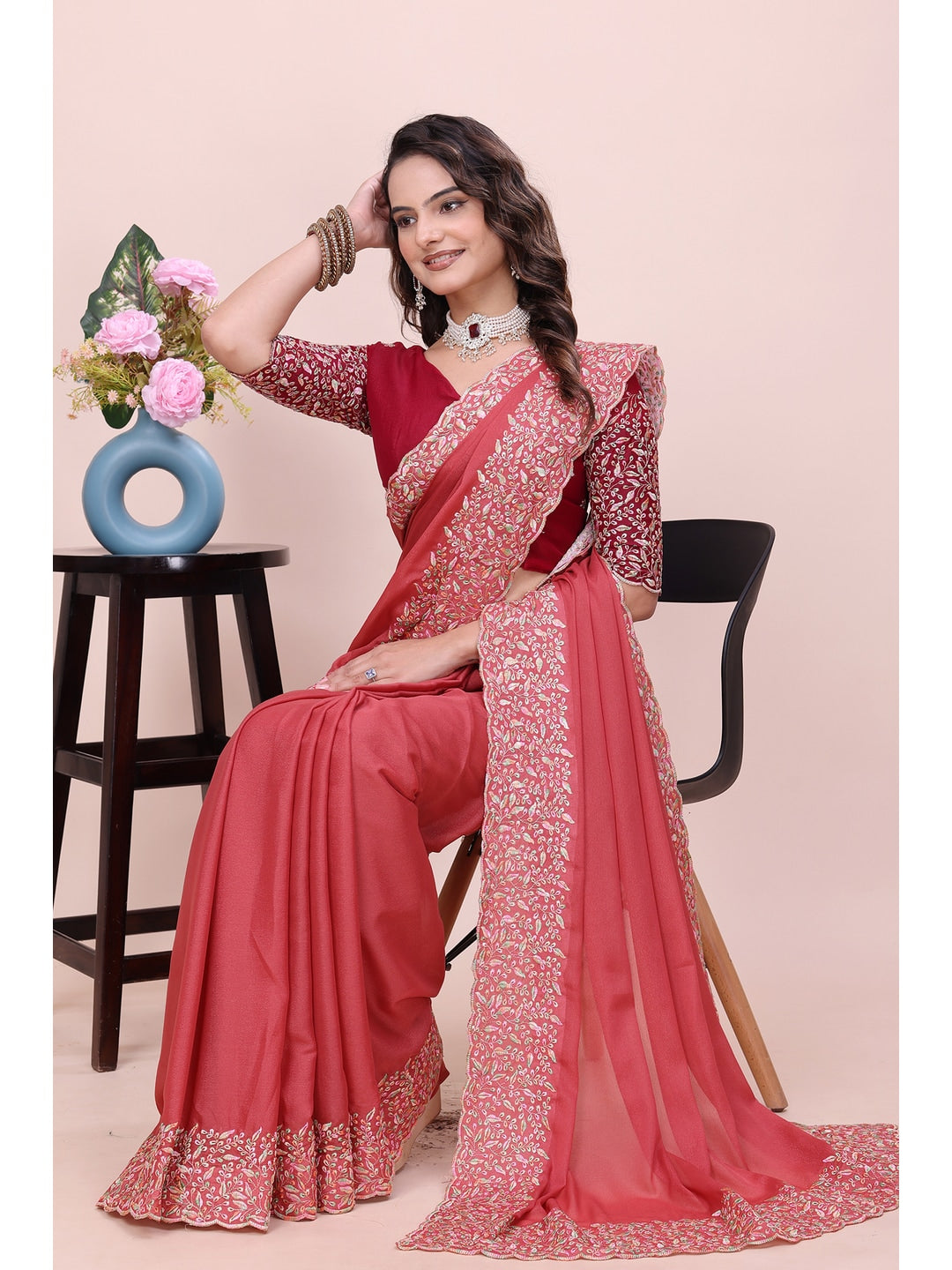 Peachmode Coral Thread Work Star Georgette Saree - Image 2
