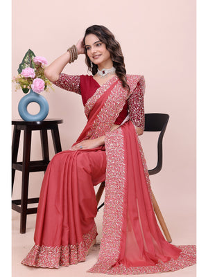 Peachmode Coral Thread Work Star Georgette Saree - Image 2