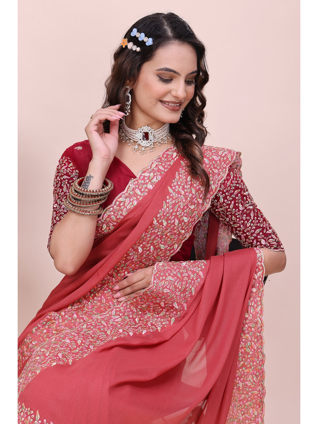 Peachmode Coral Thread Work Star Georgette Saree - Image 3