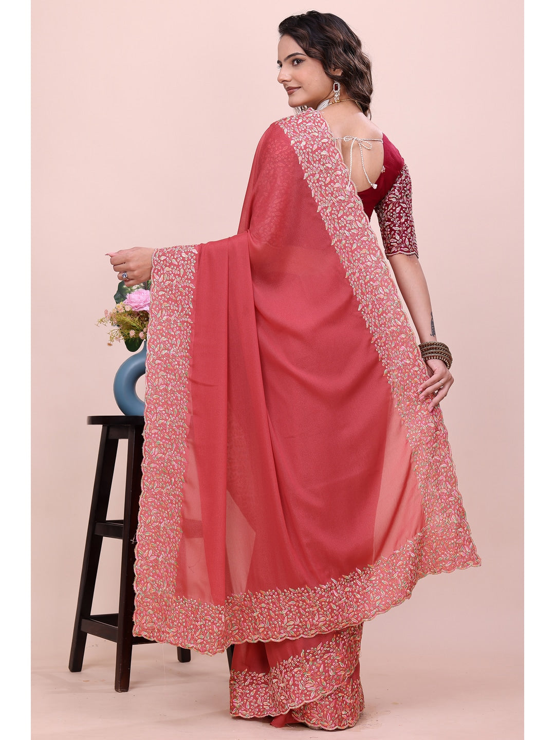 Peachmode Coral Thread Work Star Georgette Saree - Image 4