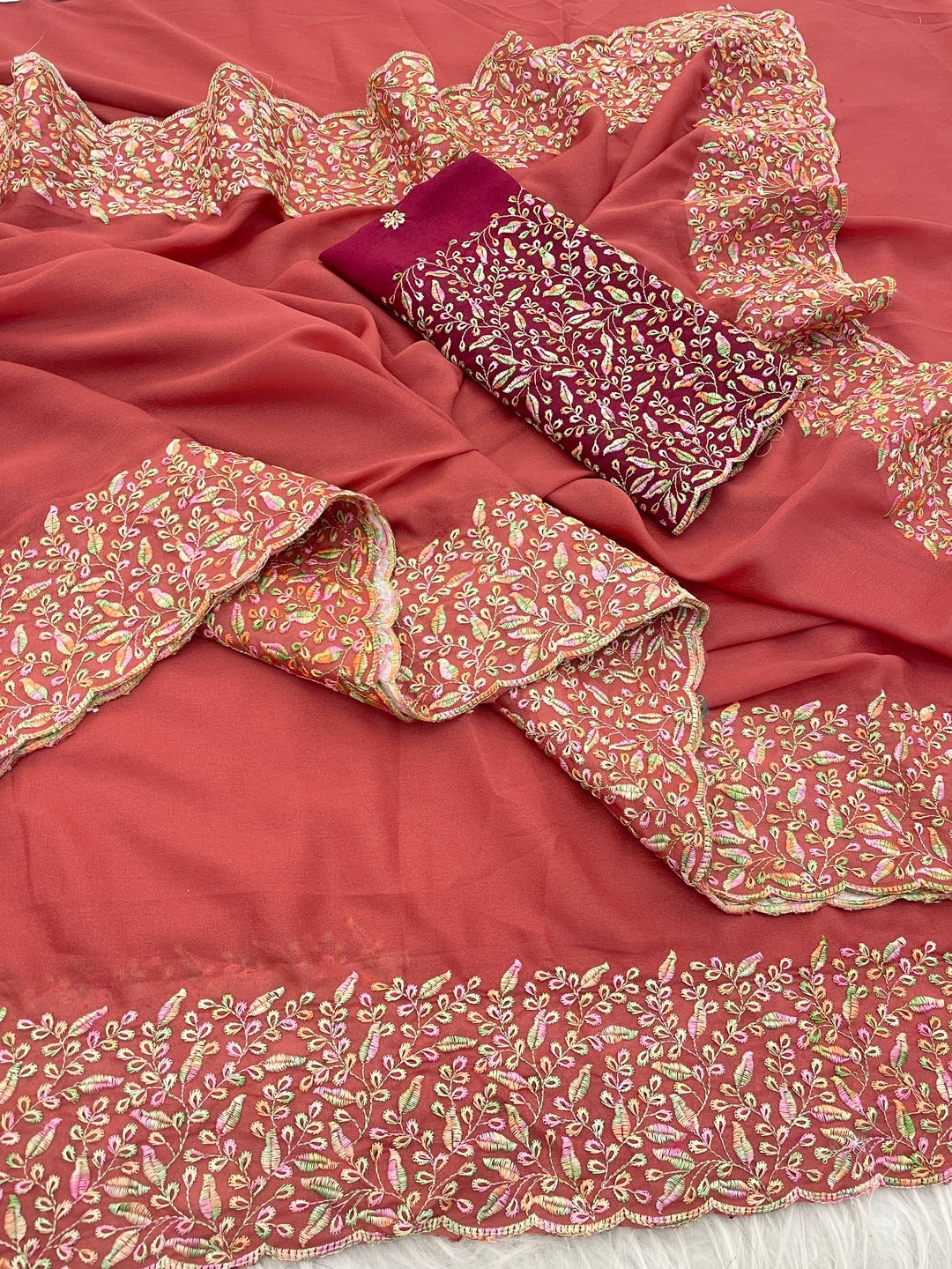 Peachmode Coral Thread Work Star Georgette Saree - Image 5