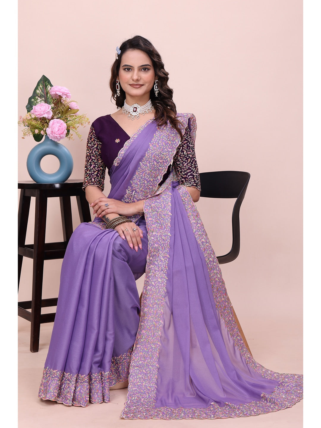 Peachmode Lavender Thread Work Star Georgette Saree - Image 2