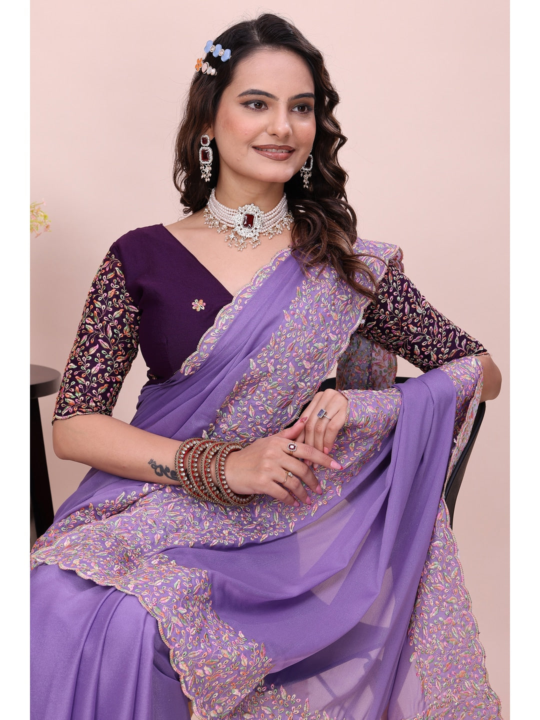 Peachmode Lavender Thread Work Star Georgette Saree - Image 3