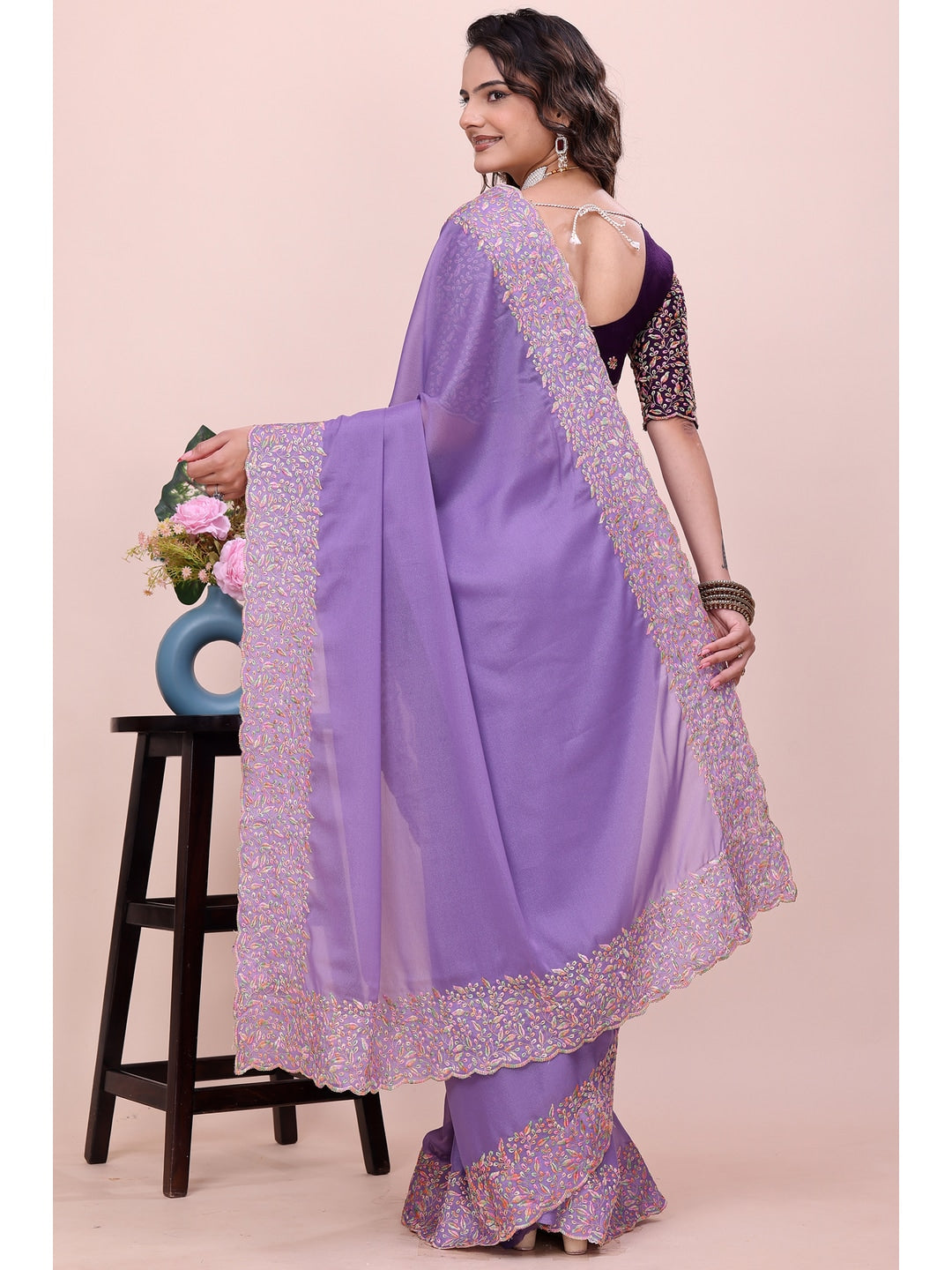 Peachmode Lavender Thread Work Star Georgette Saree - Image 4