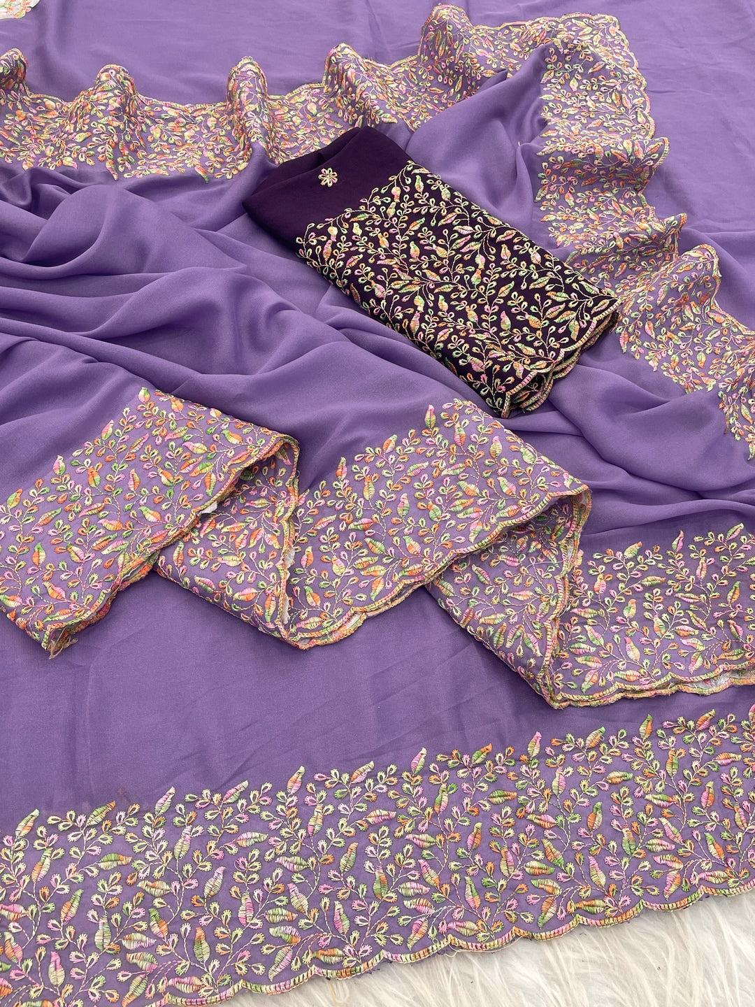 Peachmode Lavender Thread Work Star Georgette Saree - Image 5